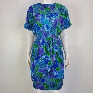 Vintage 80's Gillian 100% Silk Blue Floral Tulip Dress